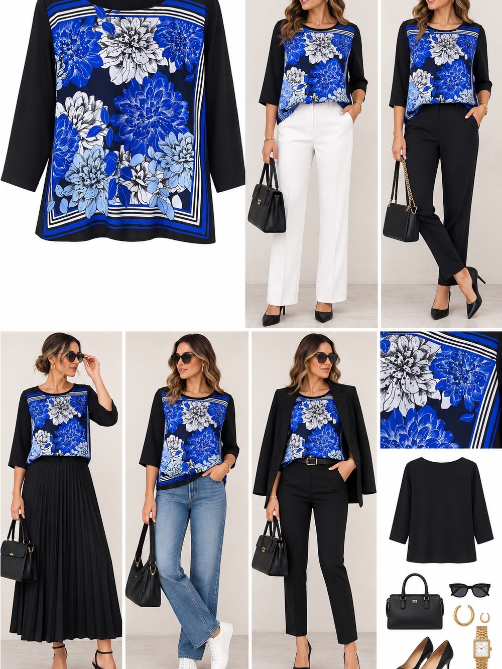 Size XL Blue & Black Floral Panel Blouse